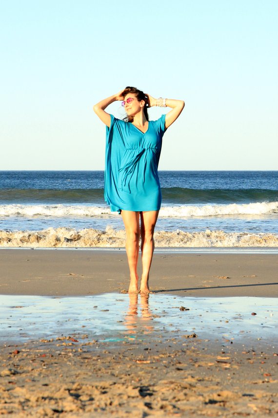 F4763 Blue Drawstring Bat Sleeve V Neck Casual Beach Dress Cover Up